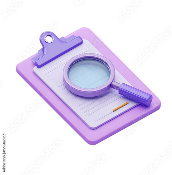 Fototapeta 3D icon of a purple clipboard with paper and a magnifying glass.