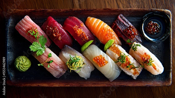 Obraz Sushi platter featuring assorted nigiri served on a wooden board