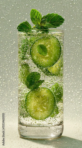 Obraz Enjoying a refreshing cucumber mint drink in a sparkling glass