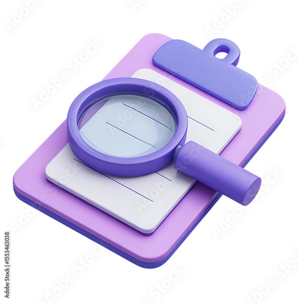 Fototapeta 3D icon of a purple clipboard with paper and a magnifying glass.