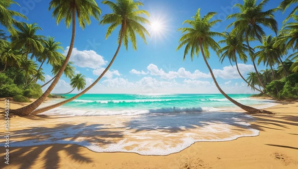 Fototapeta Tropical paradise: palm trees sway over the sandy beach, meeting the azure sea under a clear sky