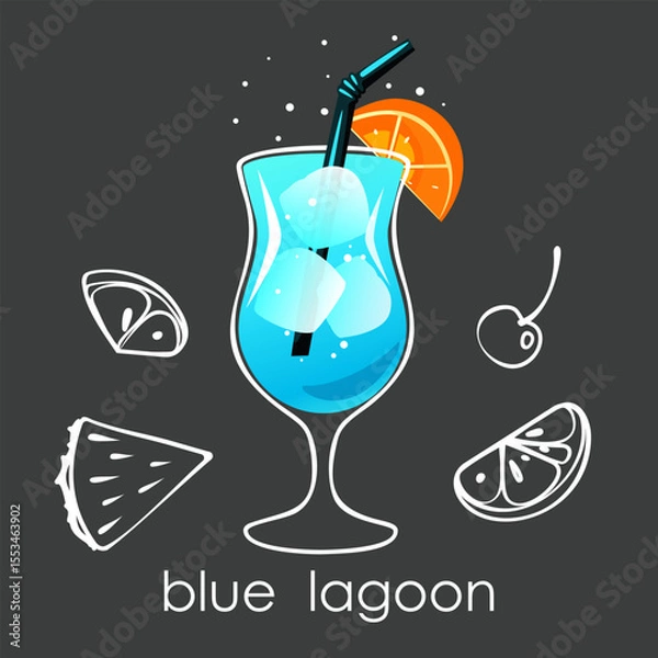 Fototapeta Blue Lagoon cocktail. Summer refreshing drink with ice cubes and orange slice on dark background. Vector illustration.