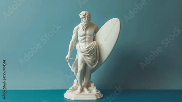 Obraz Ancient greek god white sculpture holding surfboard isolated on color background
