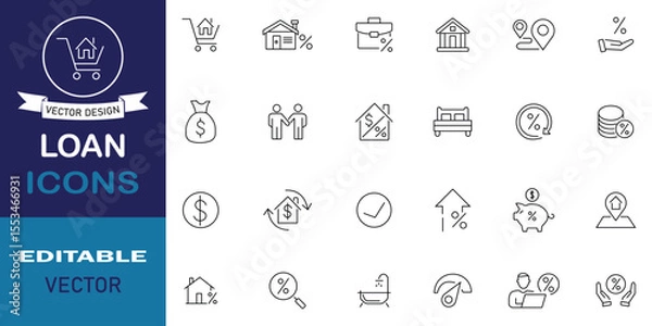 Fototapeta Loan icon set. Bank loan vector set. Dollar credit signs. Included icons as containing mortgage, borrow, interest, debtor, lending, interest rate and more outline symbol. Vector illustration.