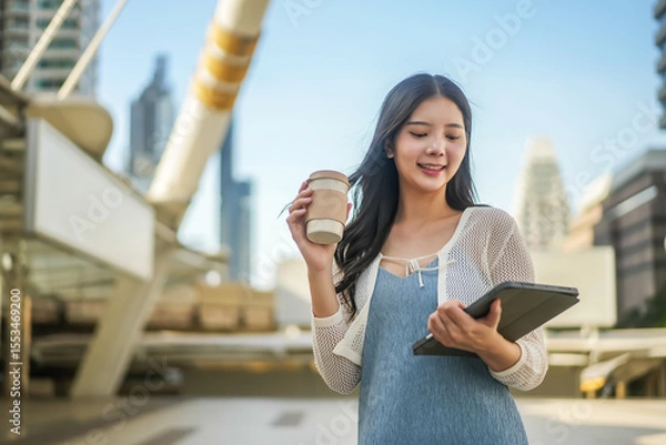 Obraz A joyful asian young business woman takes a moment to relax, savoring her coffee while engaging with a tablet. The lively city backdrop adds energy to her break on a bright day.