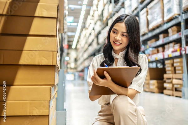 Obraz Focused on her task, young asian woman sitting and holding clipboard meticulously updates inventory records while surrounded by shelves filled with various products in a vibrant warehouse setting