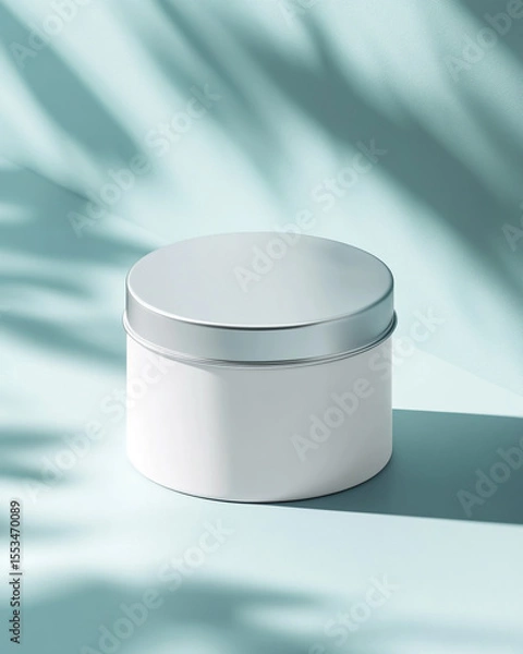 Obraz Small white round tin container with sleek silver lid, minimalist product mockup on smooth pale blue background