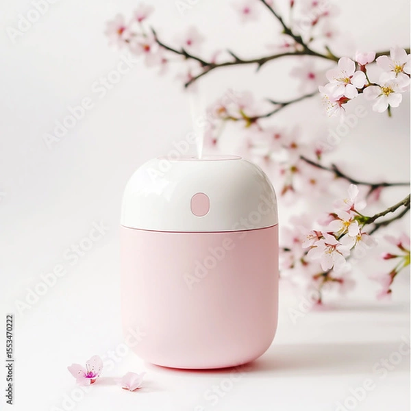 Obraz Stylish compact humidifier in pink and white tones, with cherry blossoms delicately placed around it, serene and fresh vibe, product photography style