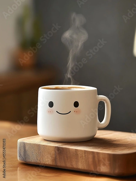 Obraz Taza de café blanca estilo minimalista con rostro animado guiñando un ojo, colocada sobre encimera de cocina
