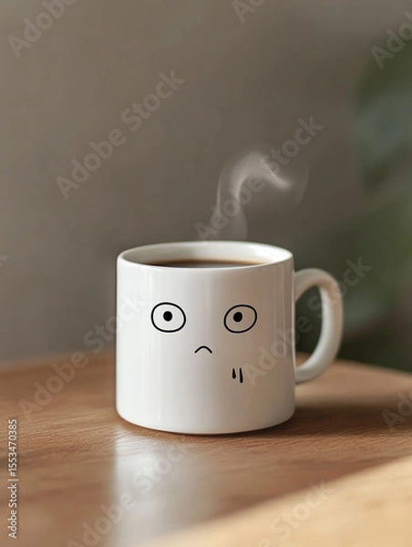 Obraz Taza de café blanca estilo minimalista con rostro animado guiñando un ojo, colocada sobre encimera de cocina