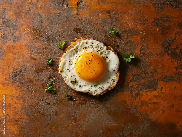 Obraz Top-down view of sunny-side-up fried egg on rough orange textured surface, warm tones, sharp focus on egg details, food styling for commercial use