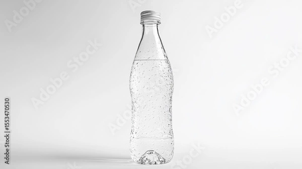 Obraz Transparent plastic water bottle with condensation droplets, filled with clear water, isolated on white background