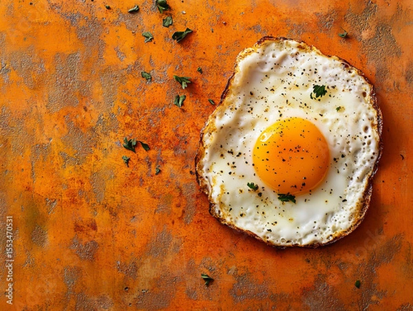 Obraz Top-down view of sunny-side-up fried egg on rough orange textured surface, warm tones, sharp focus on egg details, food styling for commercial use