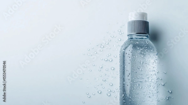 Obraz Transparent plastic water bottle with condensation droplets, filled with clear water, isolated on white background