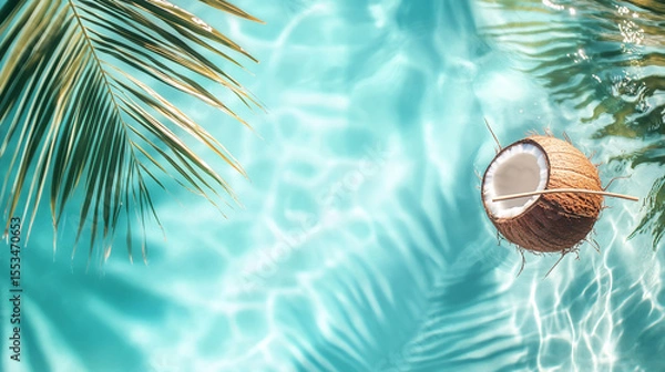 Obraz Tropical beach scene featuring a fresh coconut with straw, clear turquoise water and palm leaves, isolated bright background