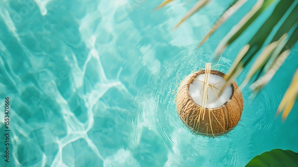 Obraz Tropical beach scene featuring a fresh coconut with straw, clear turquoise water and palm leaves, isolated bright background