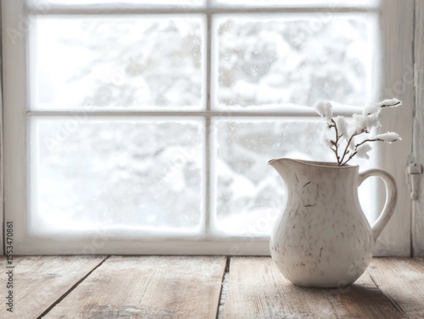 Obraz White ceramic pitcher placed on wooden table near window with frosted glass, soft natural winter light streaming in
