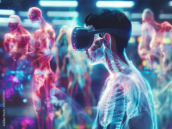 Obraz Young medical student using VR headset for immersive medical training, holographic anatomy visuals floating around