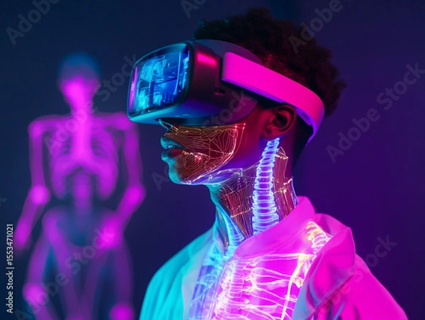 Obraz Young medical student using VR headset for immersive medical training, holographic anatomy visuals floating around