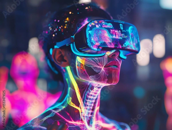 Obraz Young medical student using VR headset for immersive medical training, holographic anatomy visuals floating around