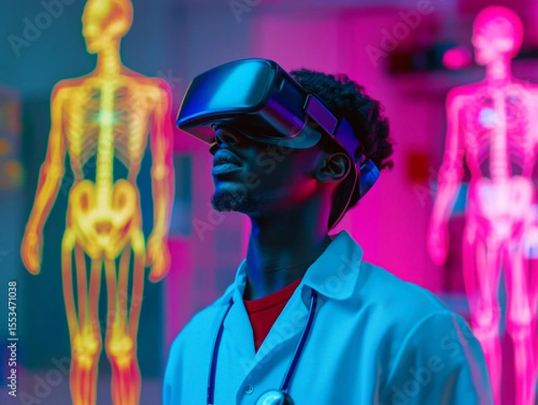 Obraz Young medical student using VR headset for immersive medical training, holographic anatomy visuals floating around