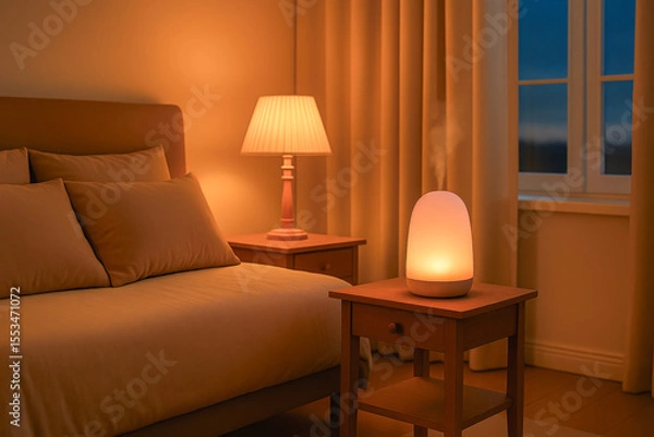 Fototapeta Warmly lit bedroom featuring a bedside aromatherapy diffuser emitting mist, promoting relaxation, sleep, and a peaceful nighttime atmosphere.