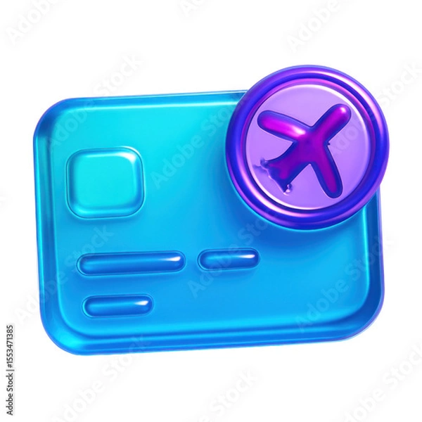 Fototapeta 3D Translucent Icon Style of a Blue Credit Card with a Purple Airplane Symbol Indicating a Flight Booking or Travel Related Payment on Transparent Background