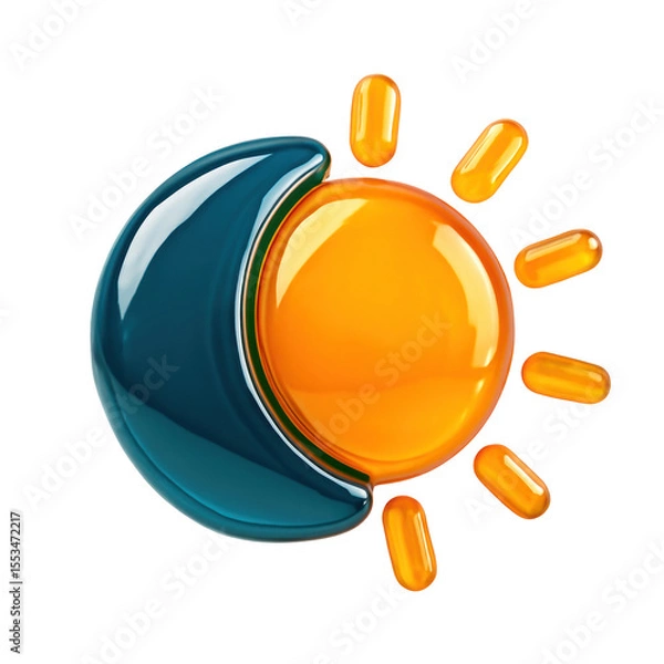 Fototapeta 3D Translucent Icon Style Sun And Moon Showing Brightness Against Black Background