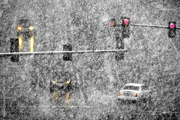 Obraz Driving on Snow and Snowy Roads in Winter Blizzard Storm Stormy