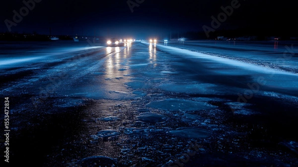 Fototapeta flooded highway illuminated by headlights frozen surface of the road