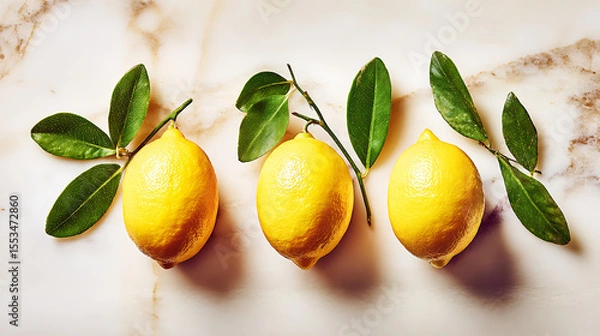 Fototapeta Fresh yellow lemons with green leaves arranged on white marble surface in natural morning sunlight, bright and vibrant citrus still life composition with shallow depth of field.
