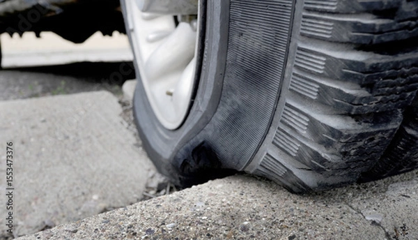 Obraz Flat Tire on Curb Pressure from Bad Parking Black Rubber Worn Radial