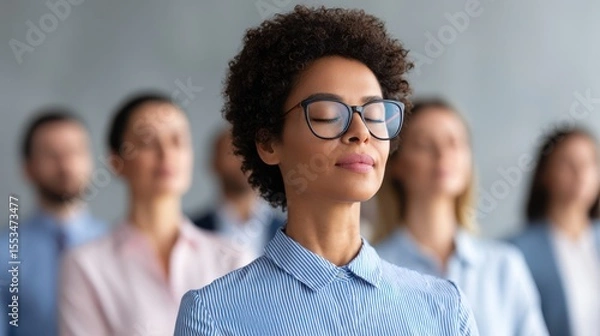 Obraz A diverse group of professionals meditating with closed eyes, focusing on mindfulness and calmness in a serene office environment.