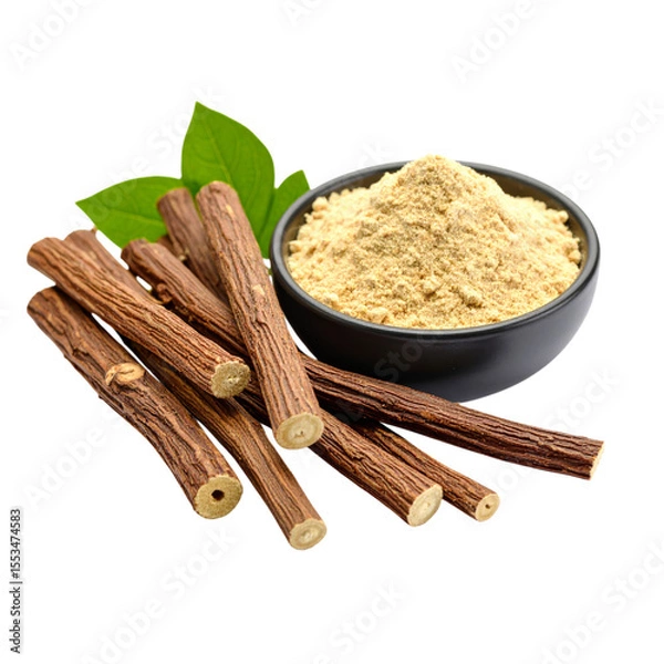 Obraz Dry licorice roots and a bowl of powdered licorice displayed with green leaves.