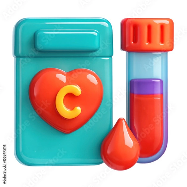 Fototapeta 3D Translucent Icon Style of Medical Blood Sample with Red Heart Symbol and Blood Drop on Transparent Background