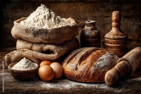 Fototapeta Sourdough baking workshop rustic kitchen culinary demonstration warm atmosphere close-up view artisan techniques