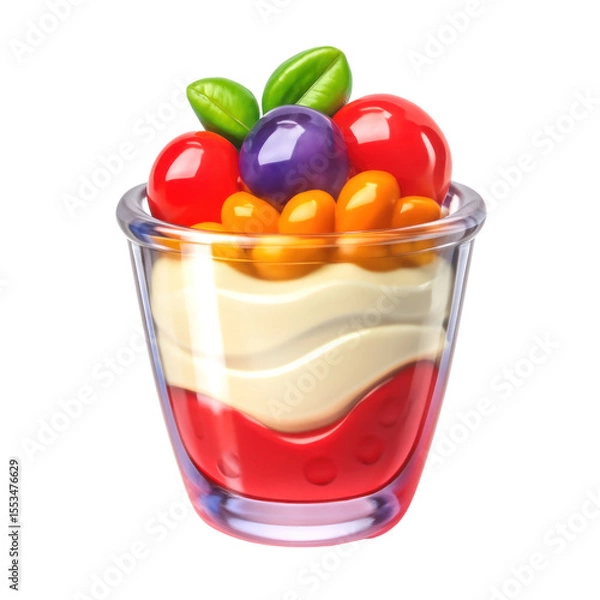 Fototapeta Layered Dessert With Fresh Fruits In 3D Translucent Icon Style Transparent Glass Against Black Background