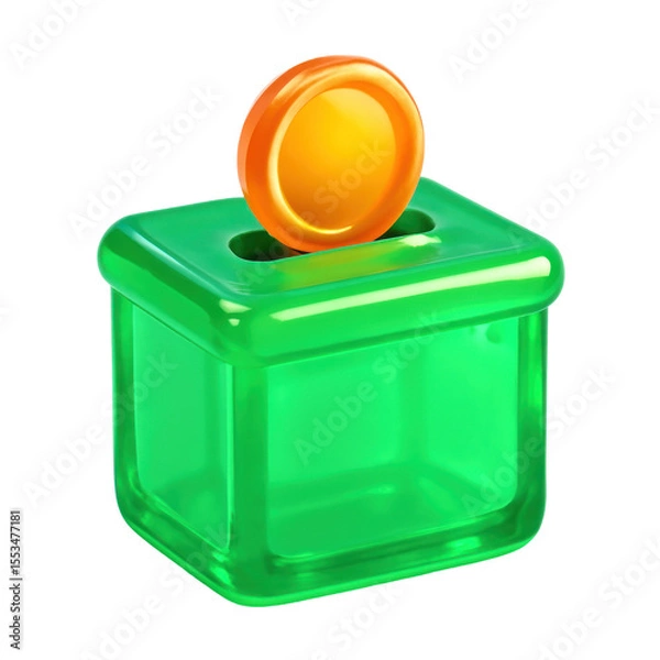 Fototapeta Translucent 3D Green Box with Orange Coin Icon Suggesting Financial Investment or Wealth Creation on Transparent Background