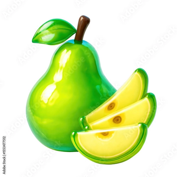 Fototapeta 3D Translucent Icon Style Green Pear With Sliced Pieces Isolated On Transparent Background