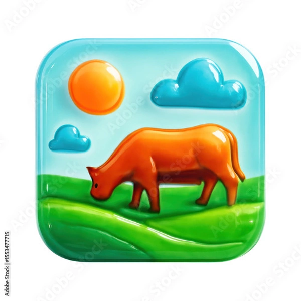 Fototapeta 3D Translucent Icon Style Orange Cow Grazing on Green Field Under Blue Sky with Clouds and Bright Sunlight