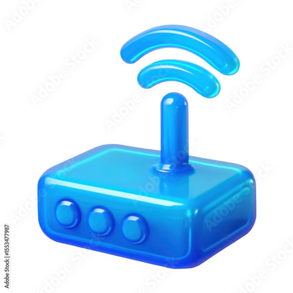 Fototapeta Three Dimensional Translucent Blue Router Icon on Transparent Background for Wireless Internet Access