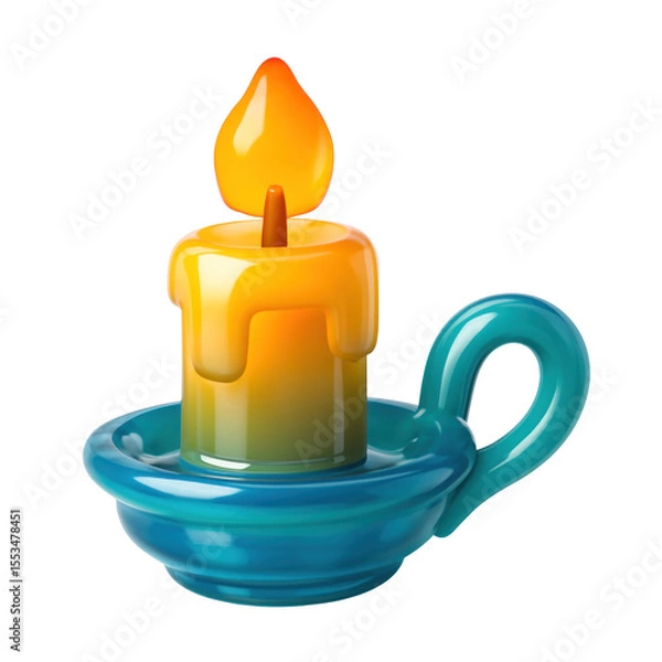 Fototapeta 3D Translucent Icon Style Of Glowing Candle With Orange Flame And Yellow Wax In Teal Ceramic Holder Isolated On Transparent Background