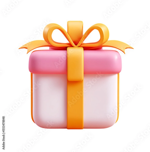 Fototapeta 3D icon of a gift box with ribbons on a transparent background in a 2D illustration style. The design is cute, with a pink and orange color scheme.