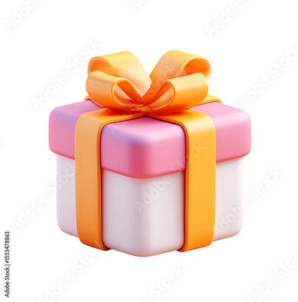 Fototapeta 3D icon of a gift box with ribbons on a transparent background in a 2D illustration style. The design is cute, with a pink and orange color scheme.