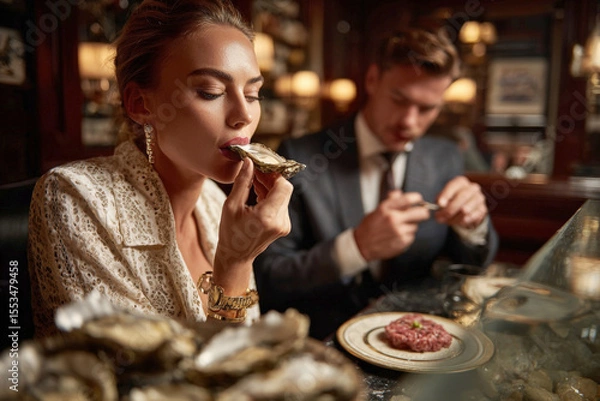Fototapeta Elegant Indulgence Couple Enjoying Fine Dining with Fresh Oysters and Gourmet Dishes in a Luxurious Restaurant Setting