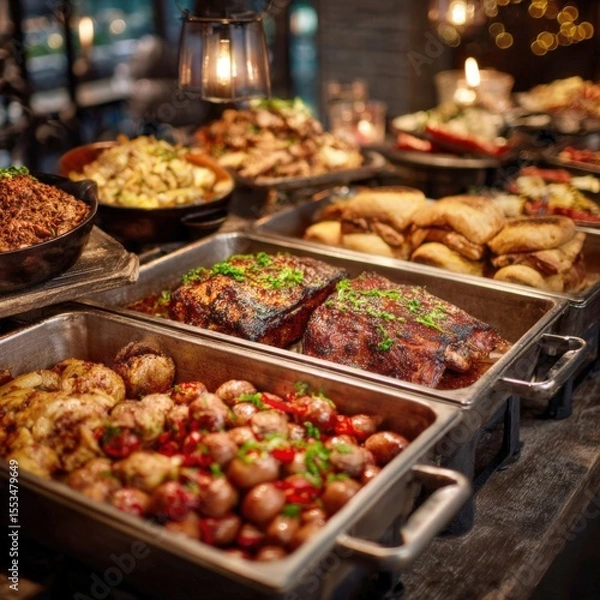 Fototapeta Gourmet Hot Buffet A Culinary Feast of Succulent Meats, Roasted Potatoes, and Delicious Sides in Chafing Dishes for Events and Catering