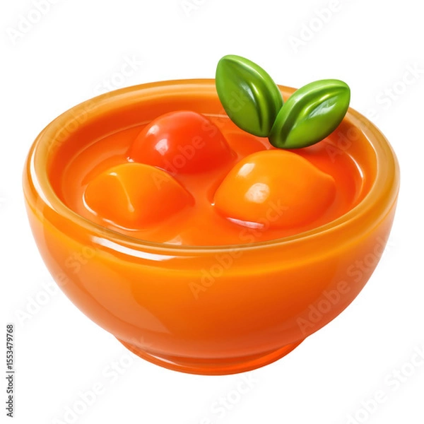 Fototapeta 3D Translucent Icon Style Orange Tomato Soup Bowl with Fresh Basil Leaves on Transparent Background