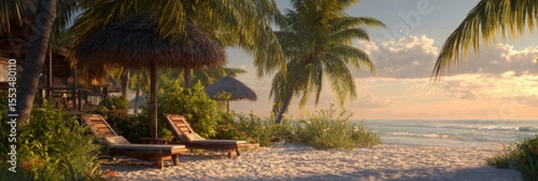 Fototapeta Tropical Paradise Sunset Serene Beach with Palm Trees and Lounge Chairs at Golden Hour, Inviting Relaxation and Idyllic Vacation Escapes