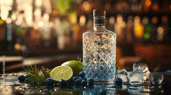 Obraz Fresh cocktail ingredients displayed on a bar counter with a crystal bottle and fresh fruits in evening light