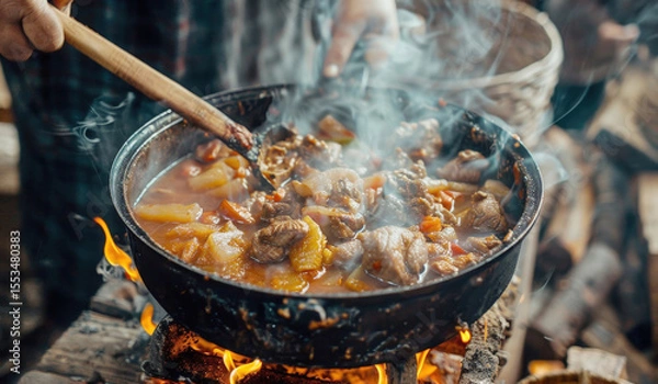 Fototapeta Hearty Outdoor Stew: Traditional Campfire Cooking with Rich Meat and Vegetable Stew Simmering in a Cast Iron Pot over Open Flames